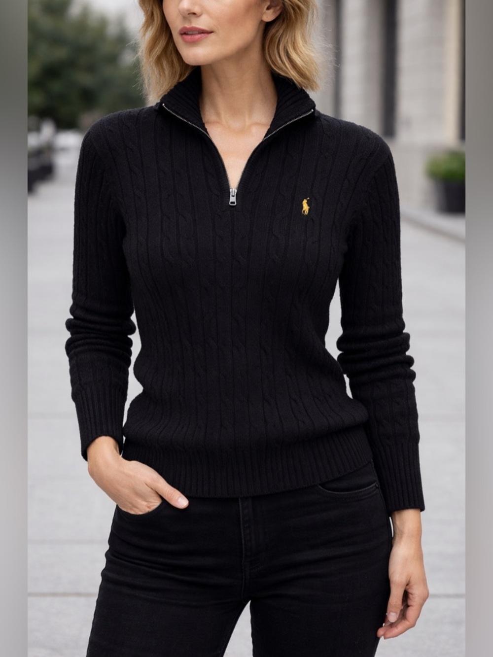 Polo by Ralph Lauren Black Cable Knit Zip Sweater